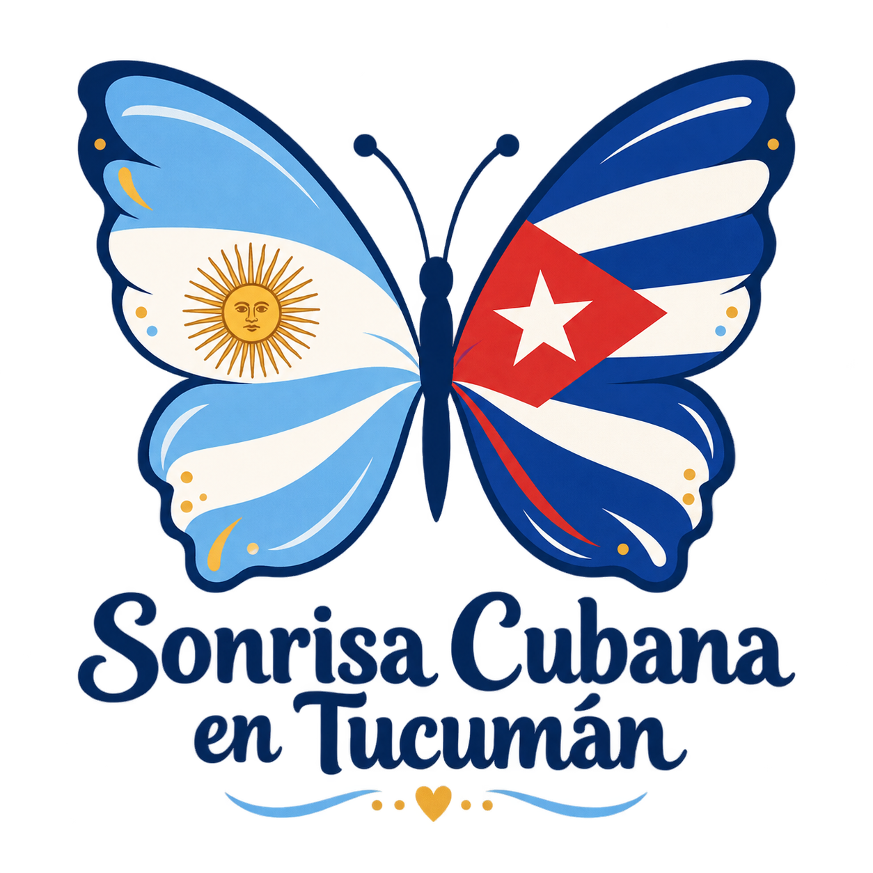 Mariposa con el ala izquierda inspirada en la bandera argentina y el ala derecha en la bandera cubana. Sonrisa Cubana en Tucumán.